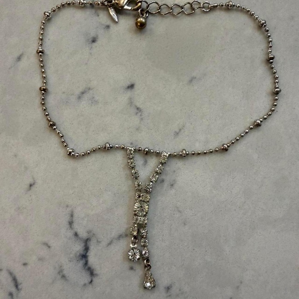 Avon Silver Tone Rhinestone Drop Y-Necklace Style Anklet Ball Chain Vintage
